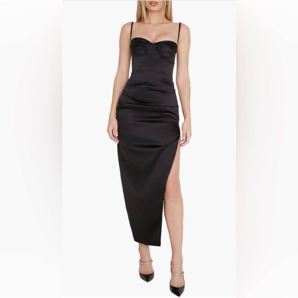 House of CB Flora Pleated Satin Midi Dress